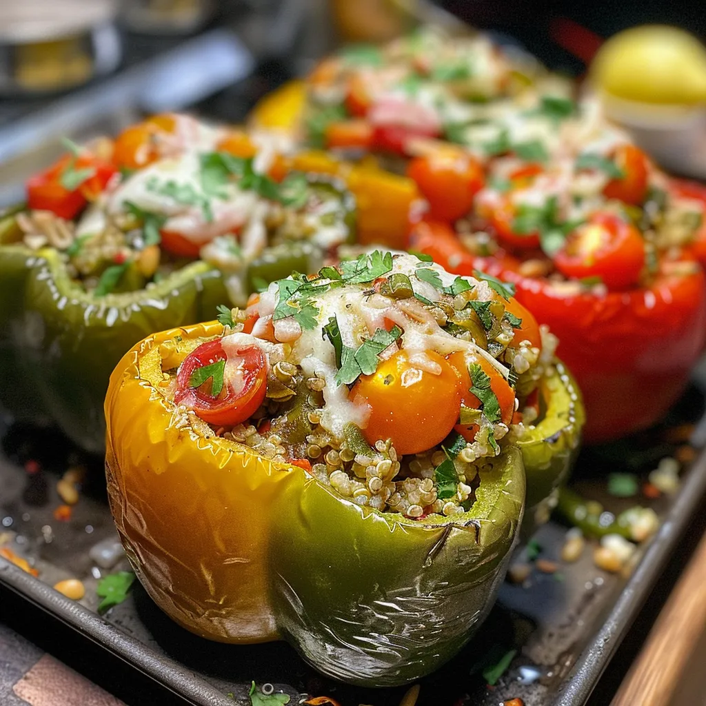 Side angle of colorful bell peppers packed with a savory vegetarian filling and topped with melted cheese.