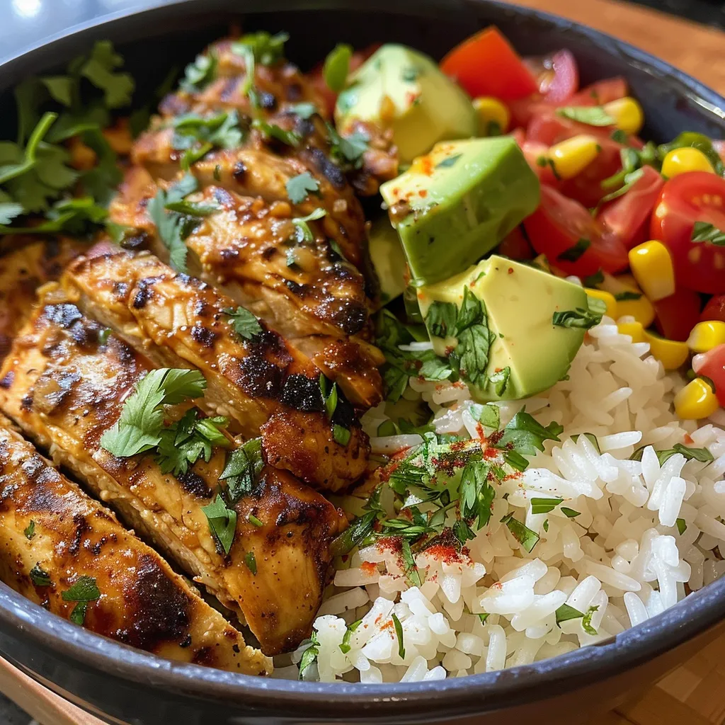 Side perspective of a Grilled Chicken Rice Bowl with colorful toppings including avocado and tomatoes.