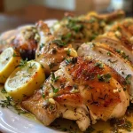 Juicy Garlic Herb Roasted Chicken on a wooden cutting board.