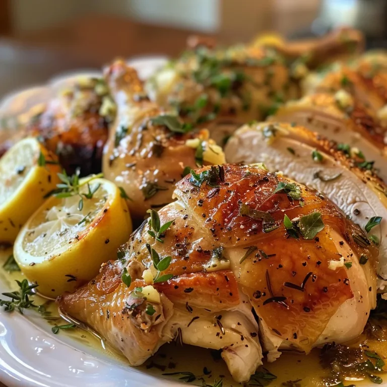 Juicy Garlic Herb Roasted Chicken on a wooden cutting board.
