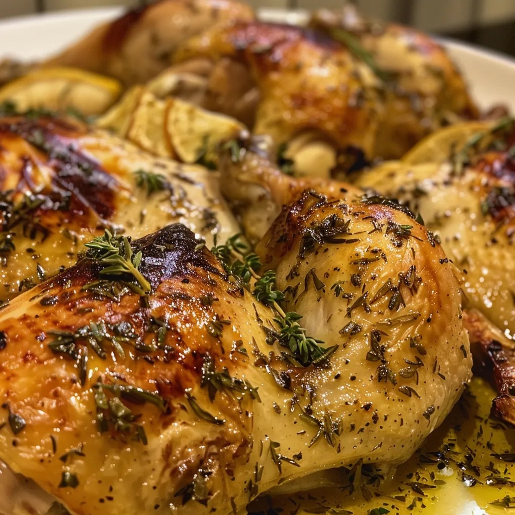 Close-up view of spatchcocked chicken seasoned with herbs and garlic.