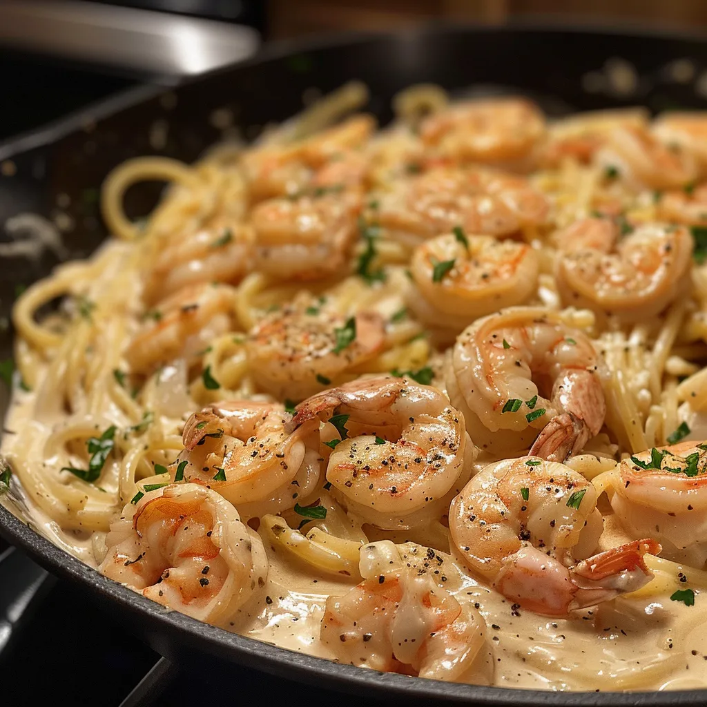 Creamy chicken shrimp alfredo with spaghetti garnished with parsley.