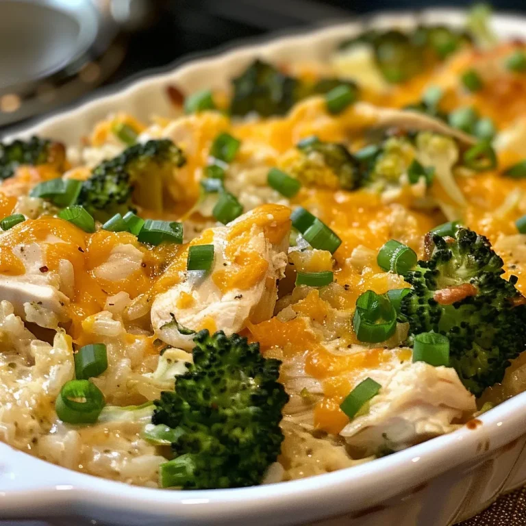 A Cheesy Chicken and Broccoli Casserole That Makes Healthy Eating Irresistible! Close-up side view of a cheesy chicken and broccoli rice casserole in a baking dish.
