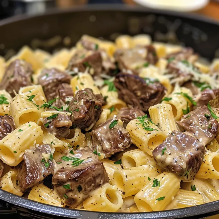Close-up view of creamy garlic steak pasta with rigatoni, garnished with parsley.
