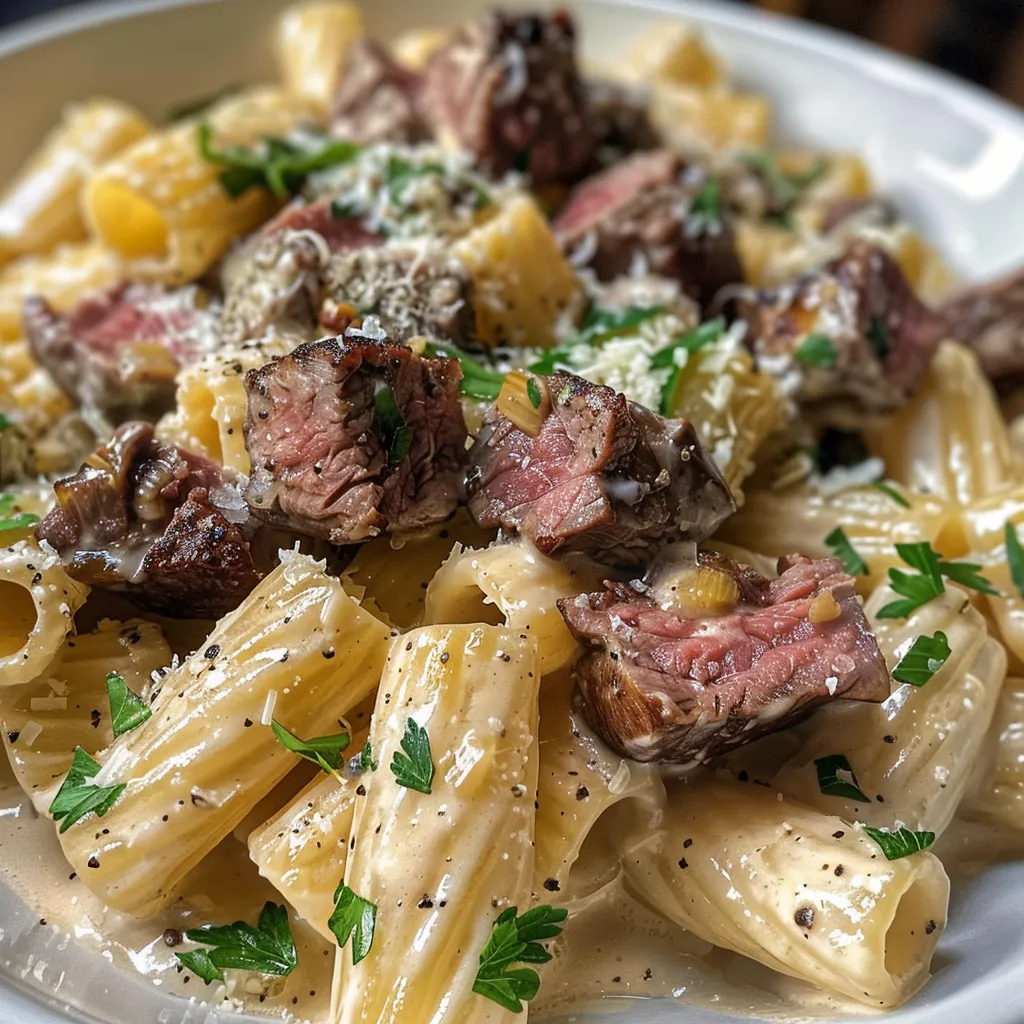 A delicious serving of creamy garlic steak pasta, featuring tender steak cubes and mozzarella.