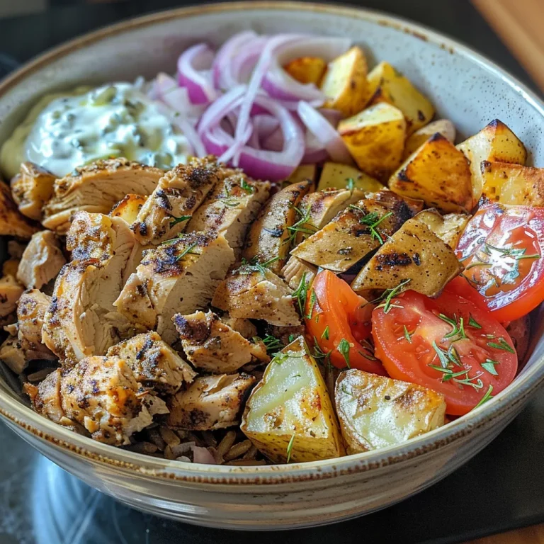 Elevate Your Dinner Game with a Flavor-Packed Gyro Bowl Experience! Close-up of a colorful Gyro Bowl with chicken, potatoes, and fresh vegetables.