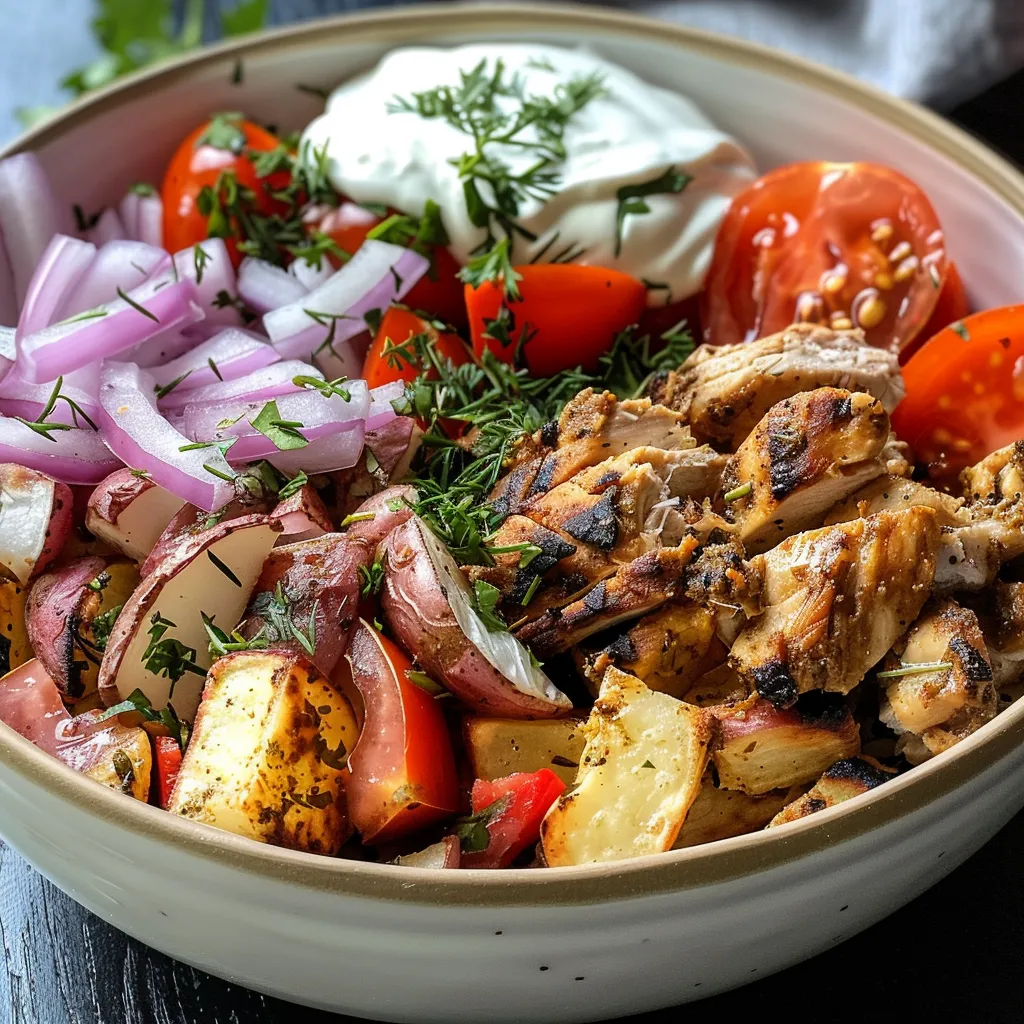 Side view of a juicy Gyro Bowl featuring chicken, pita, and vibrant toppings.