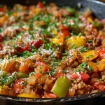 A close-up view of a colorful Unstuffed Pepper Skillet featuring ground beef, bell peppers, and melted cheese.