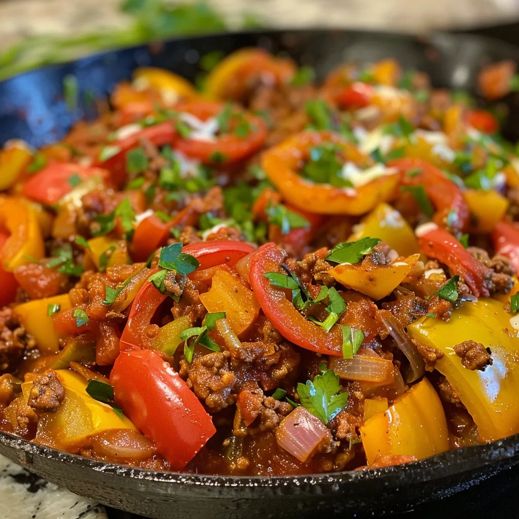 Juicy Unstuffed Pepper Skillet in a pan, showcasing layers of ingredients like rice, tomatoes, and cheese.