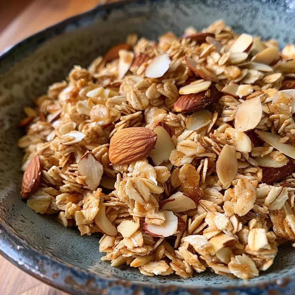 Side view of a bowl filled with golden-brown vanilla almond granola.