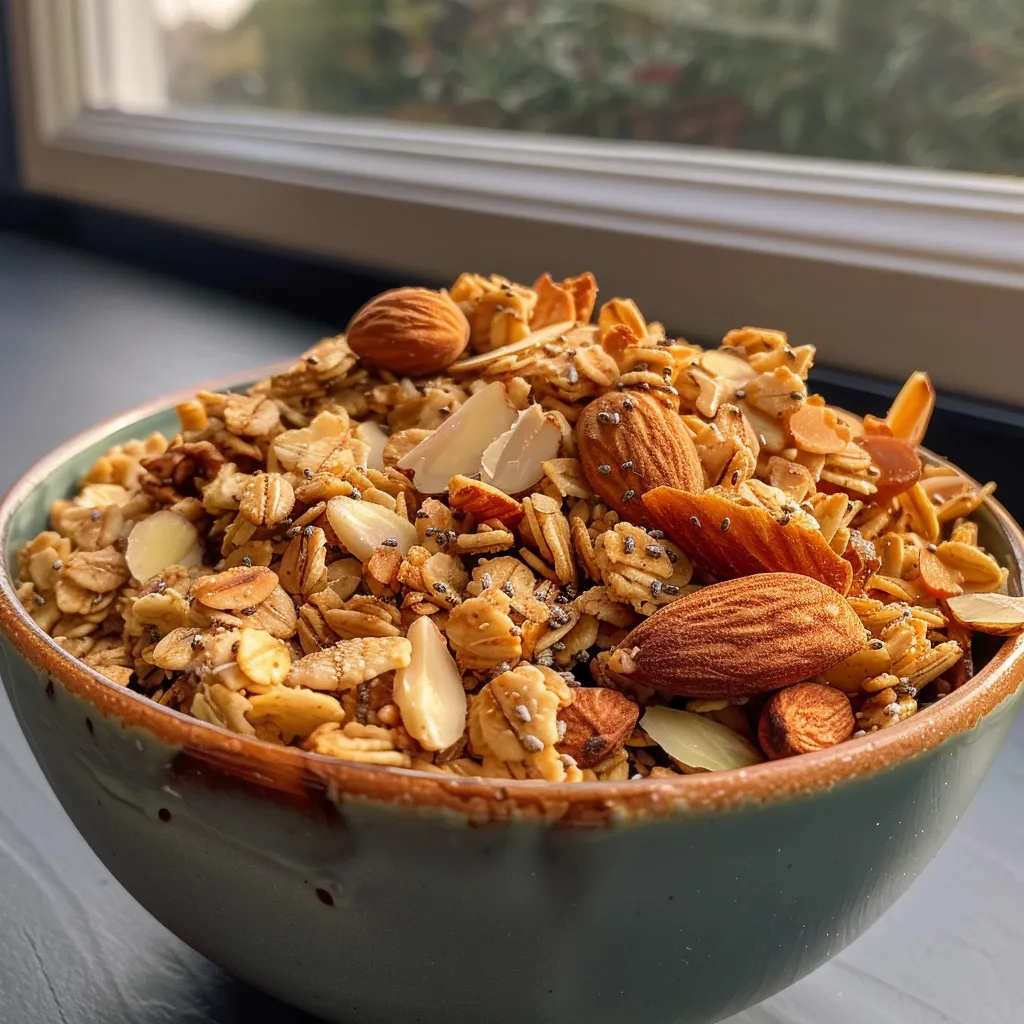 Side view of a mixed granola featuring oats, almonds, and seeds in a rustic bowl.