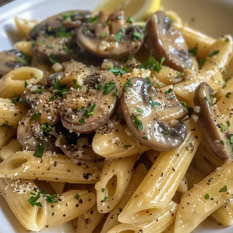 Indulge in Creamy Vegan Mushroom Pasta That Dances on Your Taste Buds! A close-up side view of a bowl of vegan mushroom pasta with a creamy sauce and fresh parsley on top.