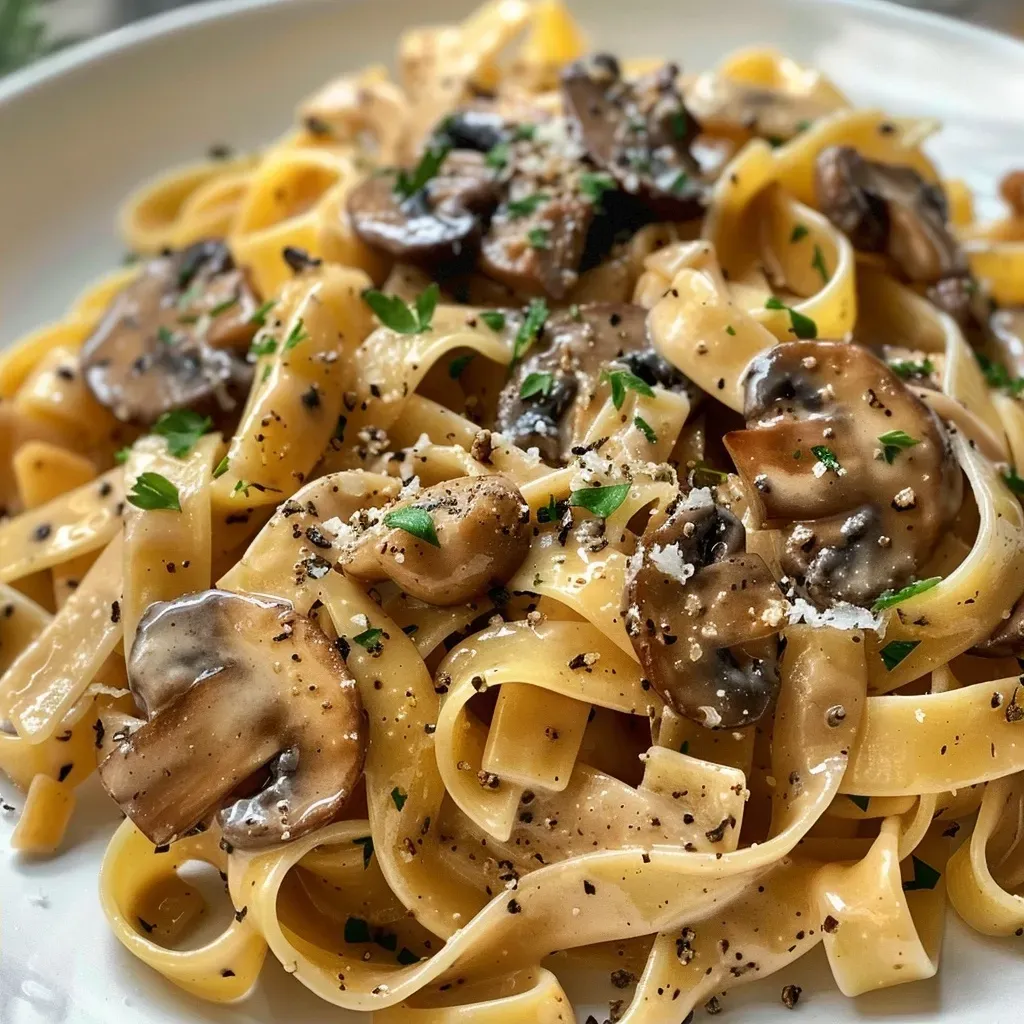 A delicious serving of vegan mushroom pasta, showcasing slices of mushrooms and yellow onions in a creamy sauce.