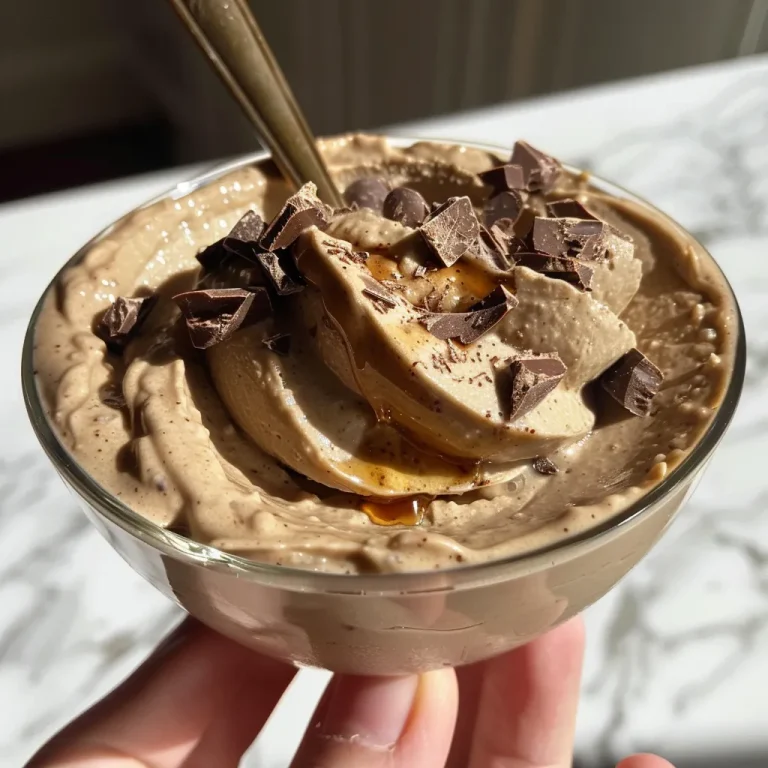 A close-up view of creamy vegan peanut butter mousse topped with glossy chocolate ganache.