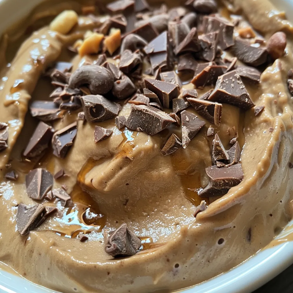 Side view of decadent vegan peanut butter mousse in a bowl, showcasing its rich texture and chocolate layer.