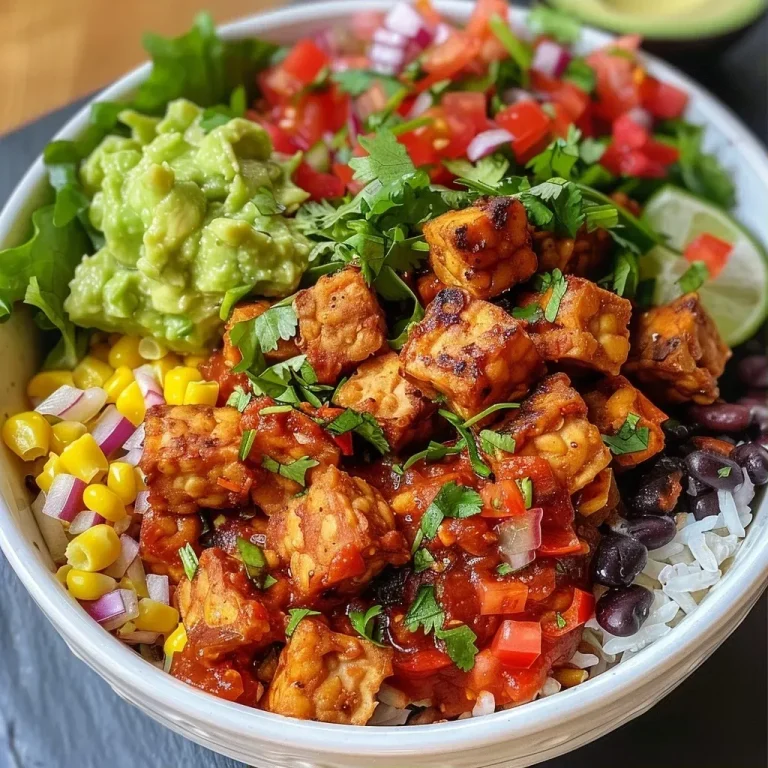 Spice Up Your Dinner with Flavor-Packed Vegan Tempeh Burrito Bowls! Close-up view of a vibrant Vegan Tempeh Burrito Bowl with colorful ingredients.