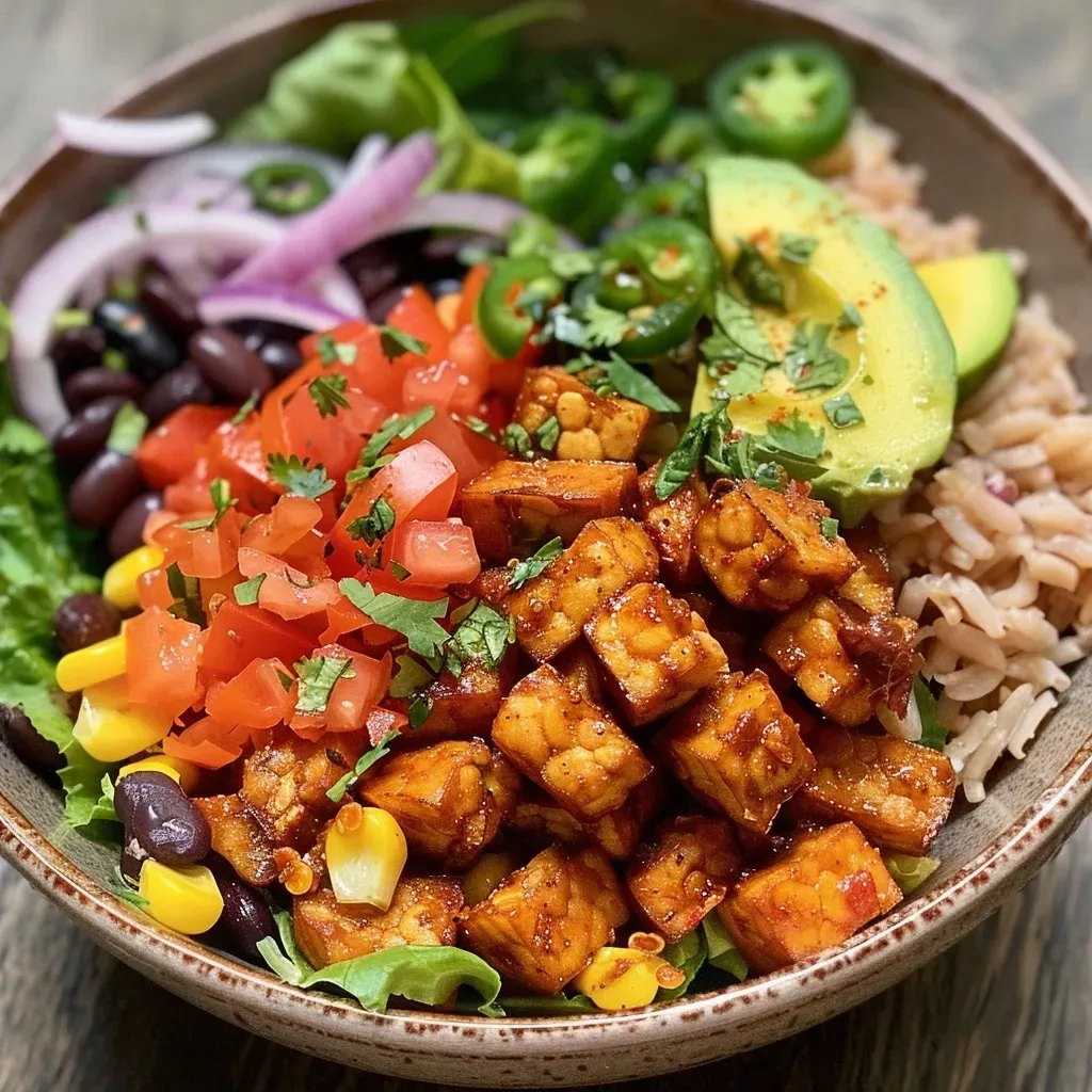 Side profile of a hearty Vegan Tempeh Burrito Bowl showcasing layers of fresh vegetables and tempeh.