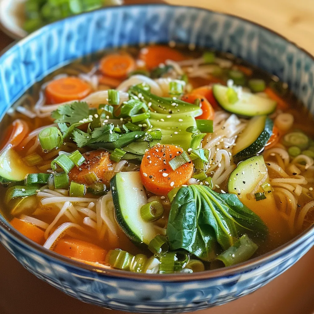 Side view of a steaming bowl of vegetable noodle soup with fresh ingredients.