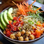 A close-up side view of a vibrant Vegetable Quinoa Bowl with roasted chickpeas and fresh vegetables.