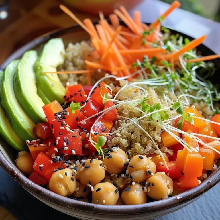 Vibrant Quinoa Bowl with Roasted Chickpeas: A Flavor-Packed Adventure! A close-up side view of a vibrant Vegetable Quinoa Bowl with roasted chickpeas and fresh vegetables.