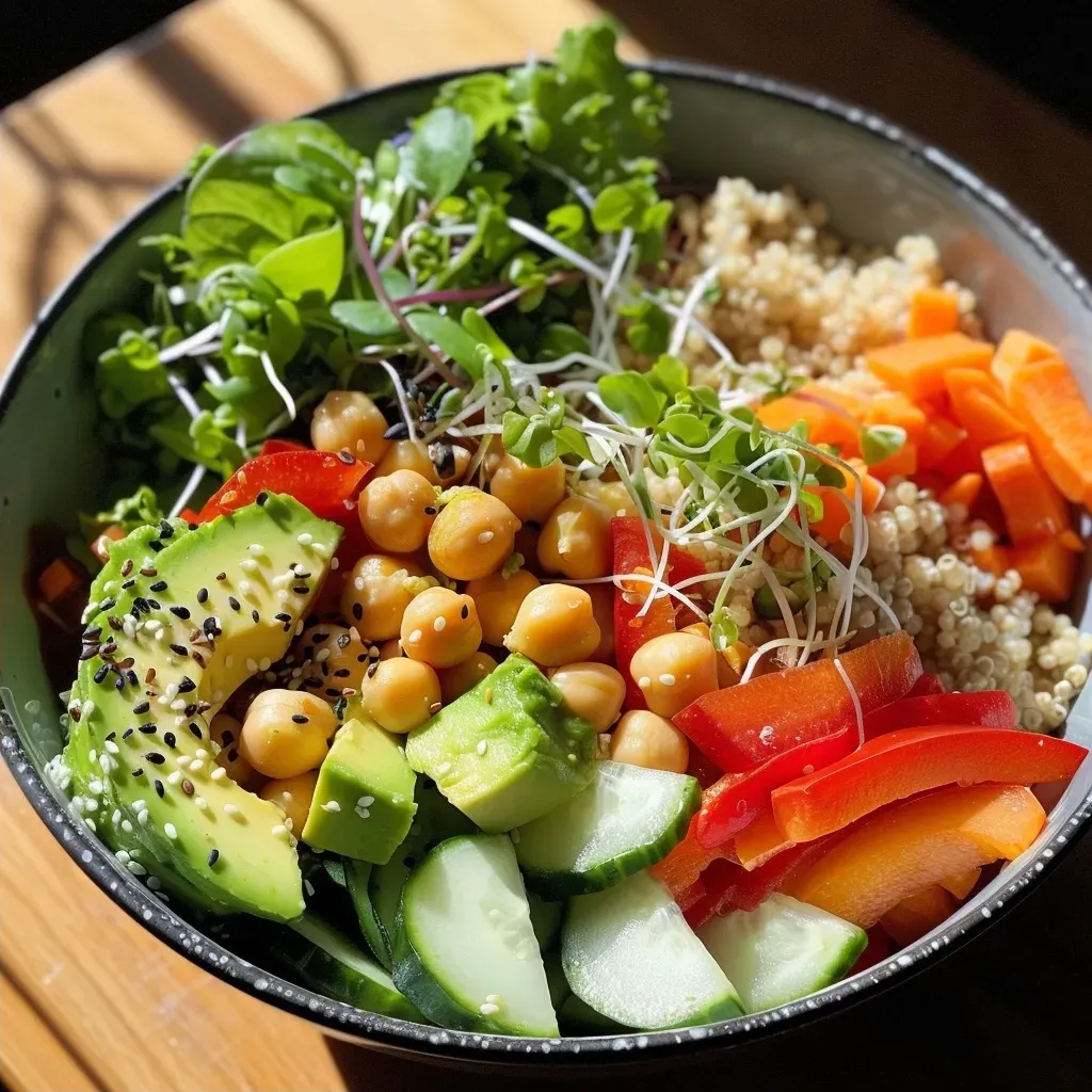 A colorful serving of quinoa topped with sliced avocado, seasonal vegetables, and toasted chickpeas.