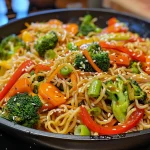 Close-up of vibrant vegetable stir-fry noodles with colorful bell peppers and broccoli.