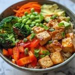 Close-up view of a colorful vegetarian rice bowl with tofu and vegetables.