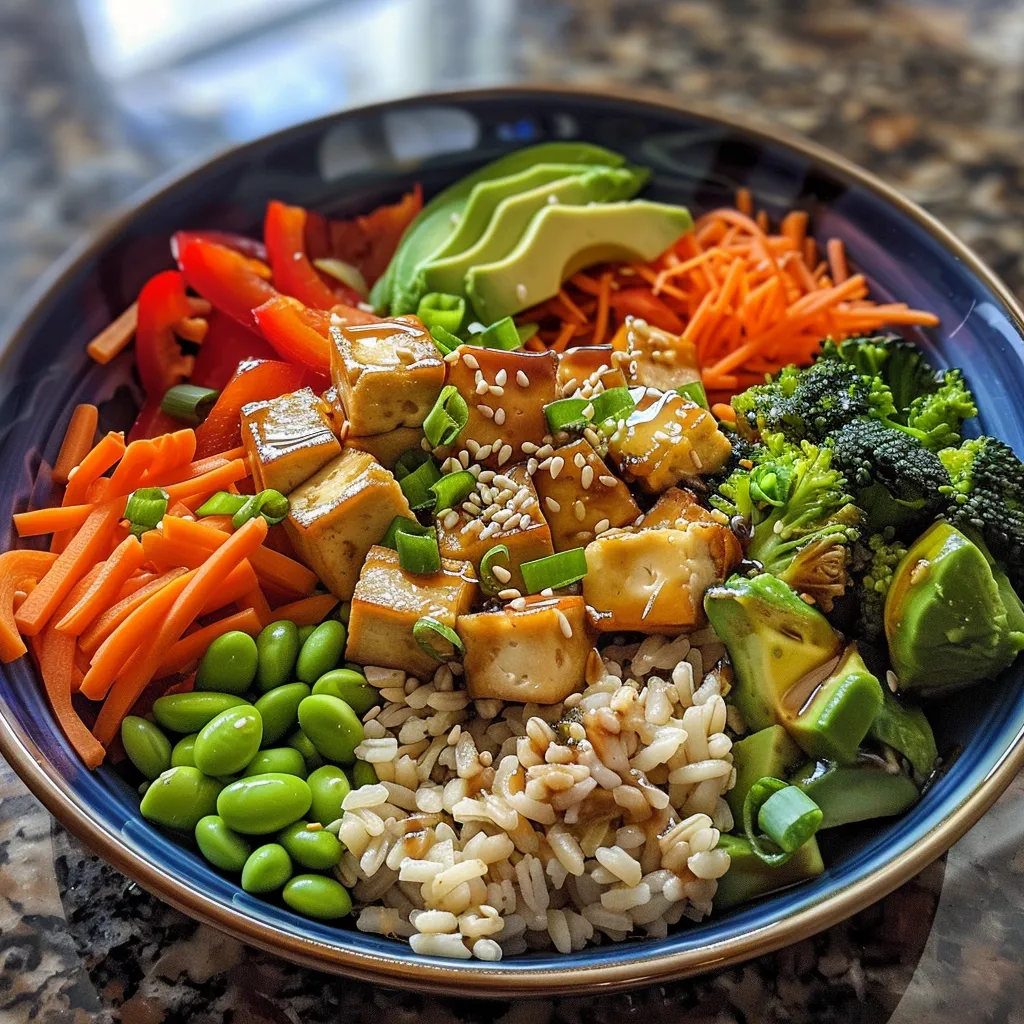 Side view of a delicious vegetarian rice bowl featuring brown rice, tofu, and fresh veggies.