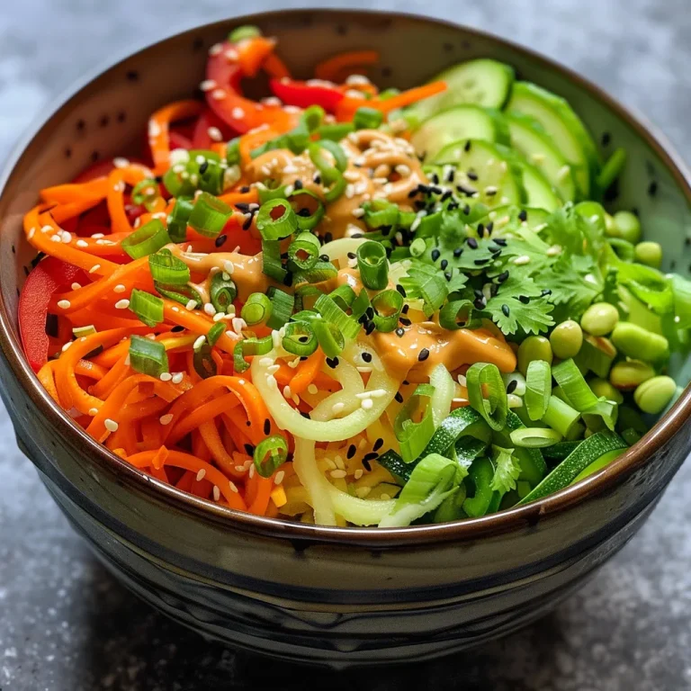 A vibrant zucchini noodle bowl featuring spiralized zucchini, carrots, and colorful vegetables.