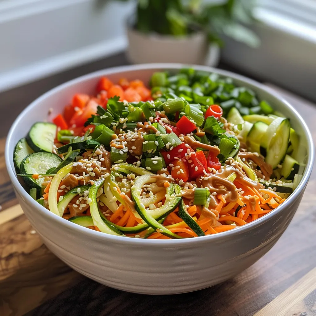 Close-up view of a zucchini noodle bowl with fresh ingredients like red bell pepper and sesame seeds.