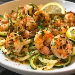 Close-up shot of zucchini noodles topped with lemon garlic shrimp.