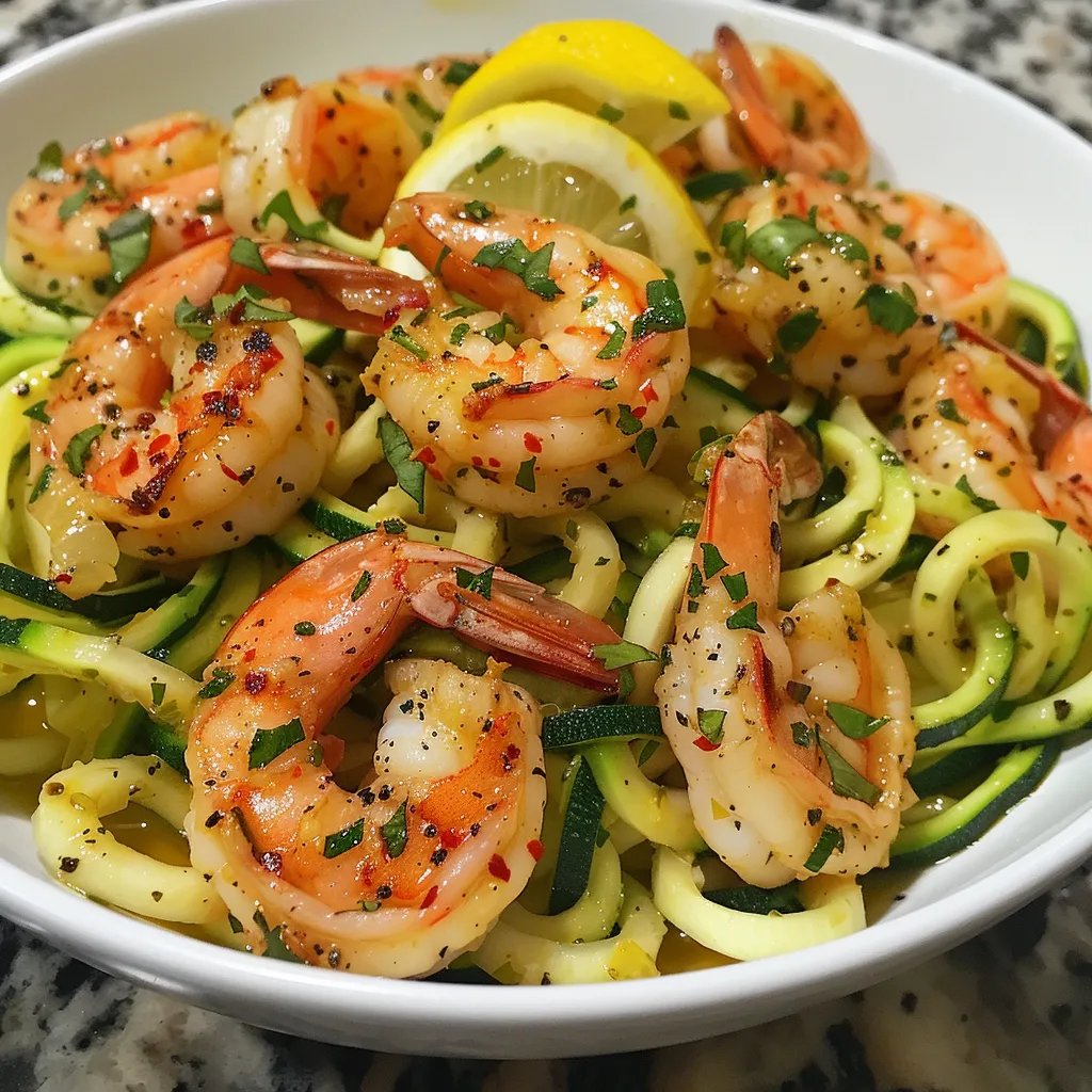 Side view of vibrant zucchini noodles with plump shrimp and lemon garnish.