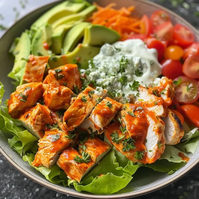 ['Close-up view of a vibrant Air Fryer Buffalo Chicken Salad with colorful ingredients.', 'Detailed side view of a fresh salad featuring buffalo chicken, greens, and toppings.', 'Juicy Air Fryer Buffalo Chicken Salad bursting with vegetables and creamy dressing.', 'A bowl of Air Fryer Buffalo Chicken Salad showcasing chicken, lettuce, and avocado.']
