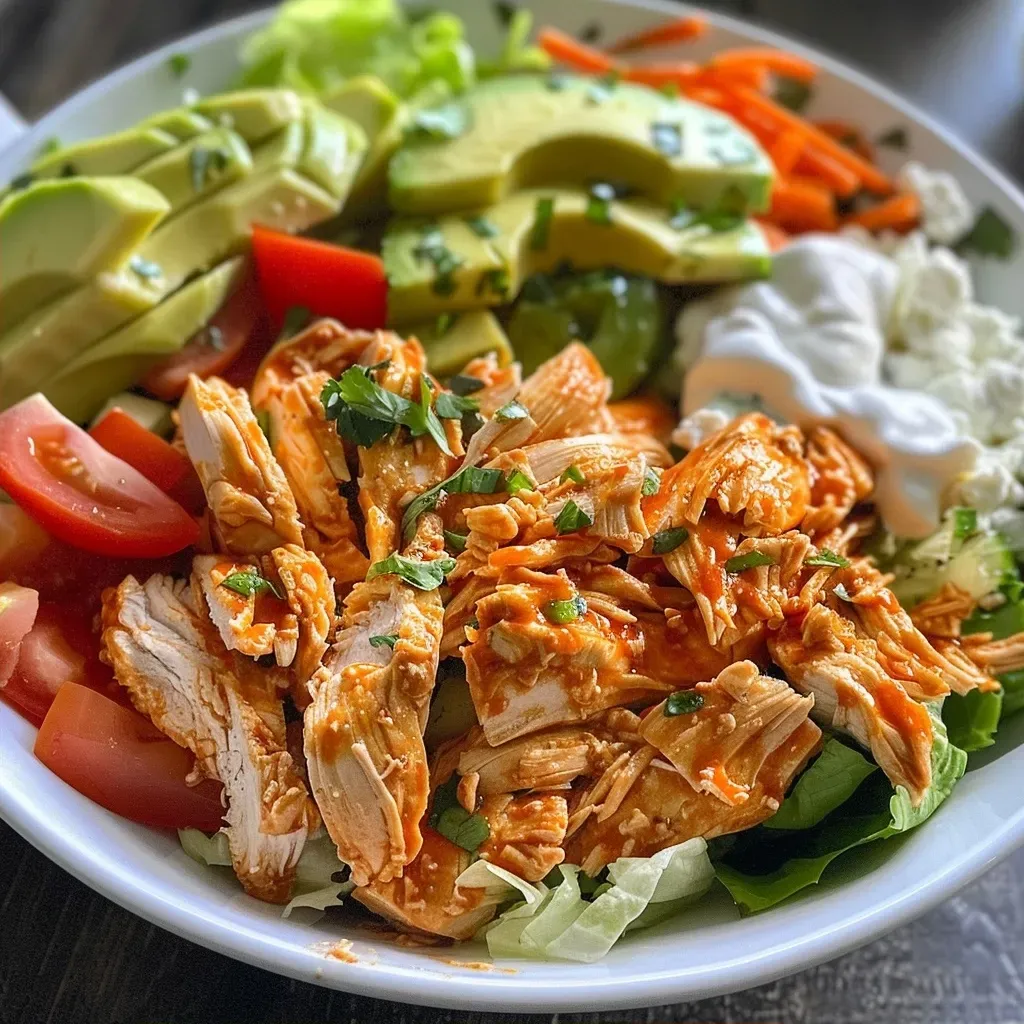 ['Close-up view of a vibrant Air Fryer Buffalo Chicken Salad with colorful ingredients.', 'Detailed side view of a fresh salad featuring buffalo chicken, greens, and toppings.', 'Juicy Air Fryer Buffalo Chicken Salad bursting with vegetables and creamy dressing.', 'A bowl of Air Fryer Buffalo Chicken Salad showcasing chicken, lettuce, and avocado.']