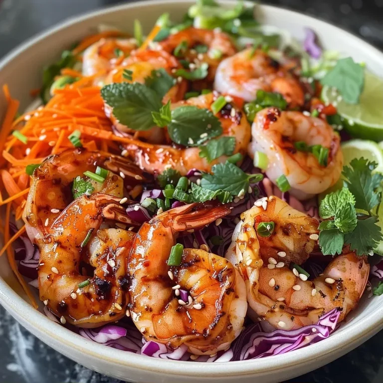 ['Close-up view of a colorful Asian shrimp salad with vibrant vegetables and shrimp.', 'Side angle of Asian shrimp salad featuring green, red, and purple ingredients with shrimp.', 'Juicy shrimp and fresh vegetables in a ginger sesame dressing, seen from the side.', 'Detailed shot of a medley of shrimp and vegetables in a bright ginger sesame dressing.']