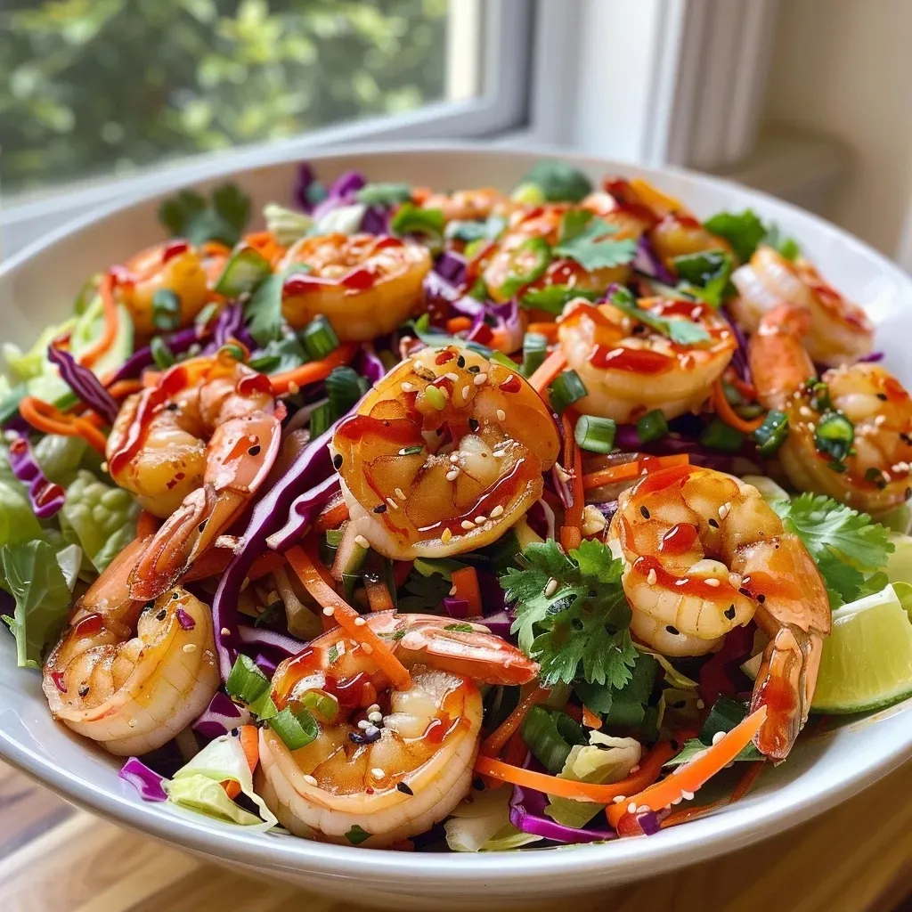 ['Close-up view of a colorful Asian shrimp salad with vibrant vegetables and shrimp.', 'Side angle of Asian shrimp salad featuring green, red, and purple ingredients with shrimp.', 'Juicy shrimp and fresh vegetables in a ginger sesame dressing, seen from the side.', 'Detailed shot of a medley of shrimp and vegetables in a bright ginger sesame dressing.']