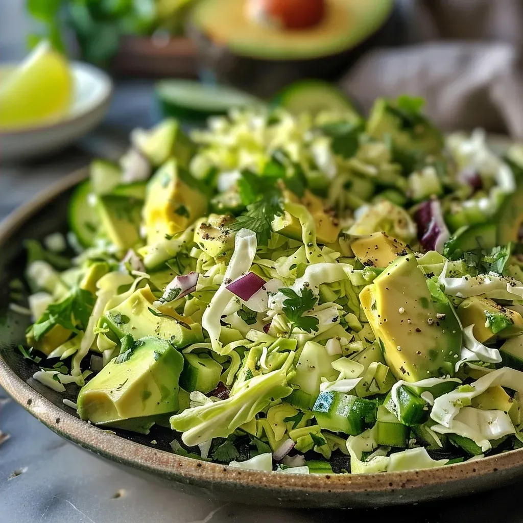 ['A close-up side view of vibrant avocado cabbage slaw in a bowl.', 'A detailed image of fresh avocado cabbage slaw with visible chunks of avocado and green cabbage.', 'Side view of a colorful avocado cabbage slaw featuring diced cucumber and cilantro.', 'Juicy avocado cabbage slaw displayed with bright lime accents and fresh ingredients.']
