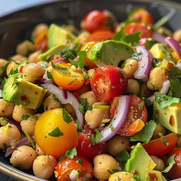 ['A close-up view of a vibrant avocado chickpea tomato salad featuring diced avocados, cherry tomatoes, and chickpeas.', 'A colorful salad with chickpeas, avocado chunks, and halved cherry tomatoes, garnished with cilantro.', 'An enticing salad showcasing diced avocados mixed with chickpeas and red onions, drizzled with lime juice.', 'A fresh-looking salad filled with creamy avocado, bright cherry tomatoes, and sprinkled with chopped cilantro.']