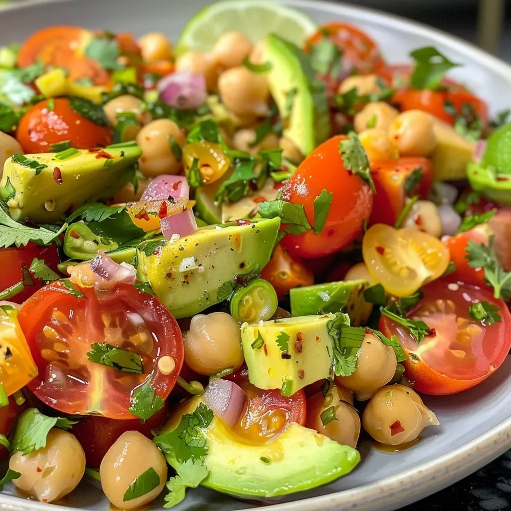 ['A close-up view of a vibrant avocado chickpea tomato salad featuring diced avocados, cherry tomatoes, and chickpeas.', 'A colorful salad with chickpeas, avocado chunks, and halved cherry tomatoes, garnished with cilantro.', 'An enticing salad showcasing diced avocados mixed with chickpeas and red onions, drizzled with lime juice.', 'A fresh-looking salad filled with creamy avocado, bright cherry tomatoes, and sprinkled with chopped cilantro.']