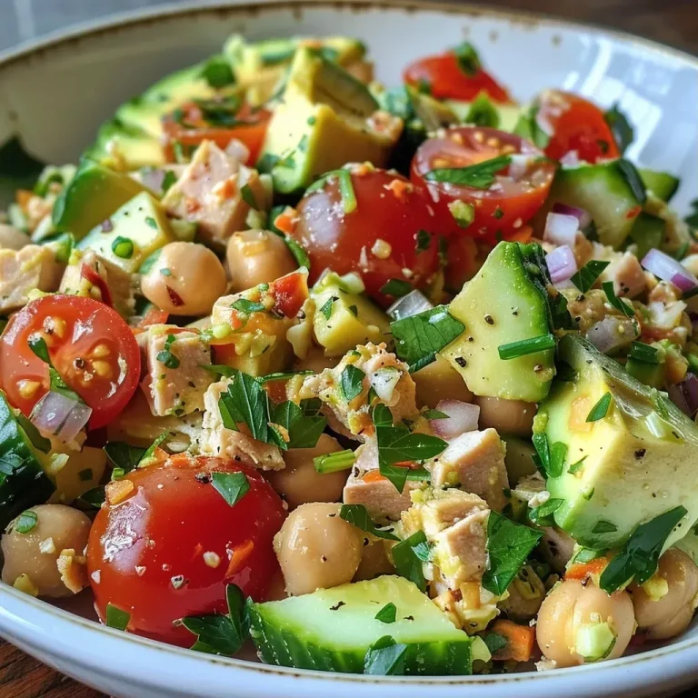['A colorful avocado chickpea tuna salad in a bowl with diced avocado and cherry tomatoes.', 'Close-up view of a fresh, vibrant salad featuring chickpeas, tuna, and cucumbers.', 'A delicious-looking avocado chickpea tuna salad with sliced red onion and parsley.', 'Side view of a bowl filled with a mix of tuna, avocados, and garden vegetables.']