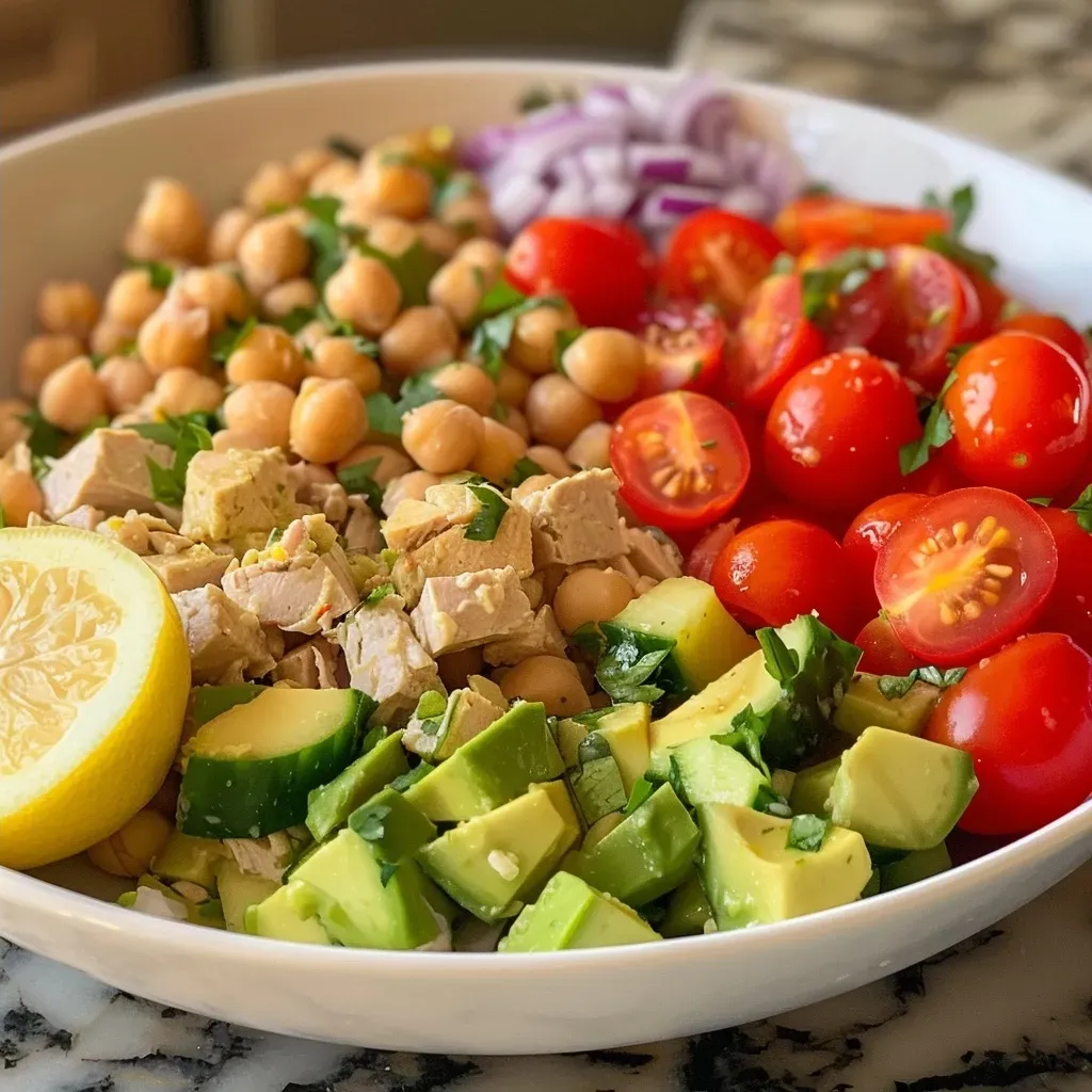 ['A colorful avocado chickpea tuna salad in a bowl with diced avocado and cherry tomatoes.', 'Close-up view of a fresh, vibrant salad featuring chickpeas, tuna, and cucumbers.', 'A delicious-looking avocado chickpea tuna salad with sliced red onion and parsley.', 'Side view of a bowl filled with a mix of tuna, avocados, and garden vegetables.']