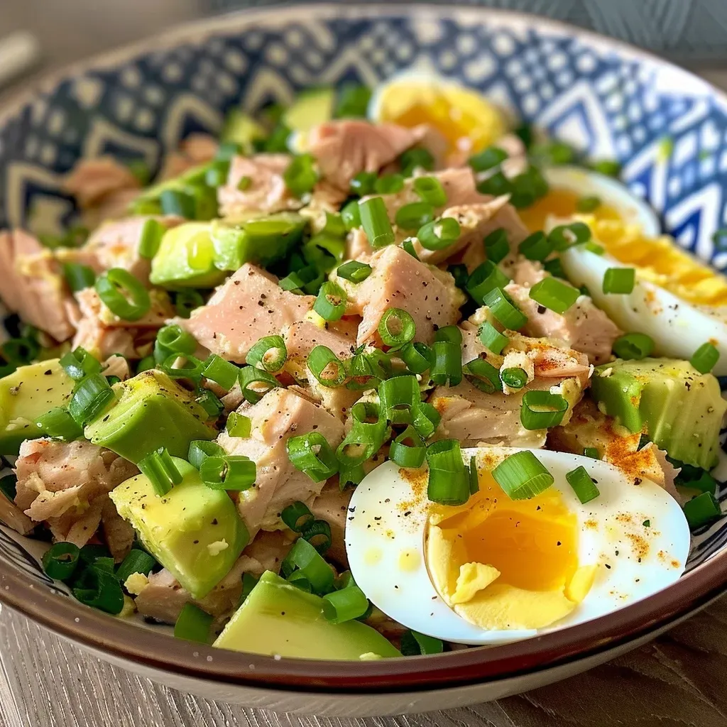 ['Close-up view of a vibrant avocado egg salad with cherry tomatoes in a bowl.', 'Side view of creamy avocado egg salad garnished with halved cherry tomatoes.', 'Fresh avocado egg salad featuring chopped eggs and colorful cherry tomatoes.', 'Delicious avocado egg salad with diced red onion and fresh dill, displayed with cherry tomatoes.']
