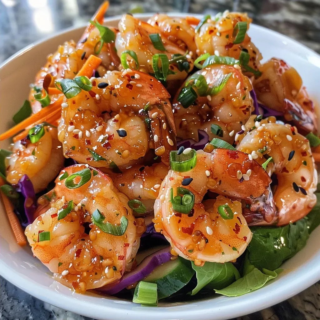 ['A vibrant close-up of Bang Bang Shrimp Salad featuring crispy shrimp and colorful vegetables.', 'Side view of a fresh Bang Bang Shrimp Salad, showcasing shrimp, mixed greens, and rich dressing.', 'Close-up of a tantalizing Bang Bang Shrimp Salad topped with sesame seeds and green onions.', 'Detailed shot of a delicious Bang Bang Shrimp Salad with shrimp, lettuce, and sliced vegetables.']