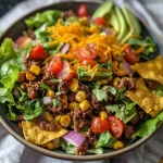 ['Close-up view of a colorful Beef Taco Salad with vibrant toppings.', 'Delicious Beef Taco Salad featuring lettuce, tomatoes, and avocado, captured from the side.', 'Juicy Beef Taco Salad in a bowl, showcasing ground beef, cheese, and fresh vegetables.', 'Side view of a hearty Beef Taco Salad, highlighting the layers of ingredients.']