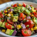 ['Close-up view of a vibrant Black Bean and Avocado Salad featuring diced avocado, cherry tomatoes, and black beans.', 'Side view of a colorful salad with black beans, diced avocado, and corn, showcasing fresh ingredients.', 'Detailed shot of a Black Bean and Avocado Salad, highlighting the textures of diced vegetables and legumes.', 'Bright and fresh Black Bean and Avocado Salad, featuring red onions, cherry tomatoes, and bell peppers.']