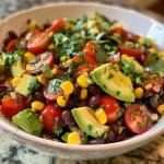 ['Close-up view of a vibrant black bean salad with diced avocado, cherry tomatoes, and corn.', 'Side view of a fresh black bean salad featuring chopped avocado and other colorful ingredients.', 'Juicy black bean salad with avocado and mixed vegetables, presented in a bowl.', 'Detailed shot of a black bean salad with avocado, garnished with cilantro and lime.']