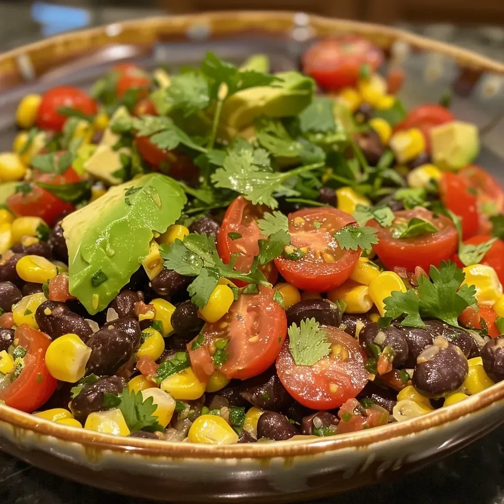 ['Close-up view of a vibrant black bean salad with diced avocado, cherry tomatoes, and corn.', 'Side view of a fresh black bean salad featuring chopped avocado and other colorful ingredients.', 'Juicy black bean salad with avocado and mixed vegetables, presented in a bowl.', 'Detailed shot of a black bean salad with avocado, garnished with cilantro and lime.']