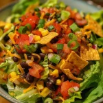 ['Close-up view of a colorful Black Bean Taco Salad with fresh ingredients.', 'Side view of a vibrant Black Bean Taco Salad featuring lettuce and toppings.', 'Detailed image of a Black Bean Taco Salad with layers of veggies and cheese.', 'Juicy Black Bean Taco Salad close-up showing black beans, corn, and peppers.']