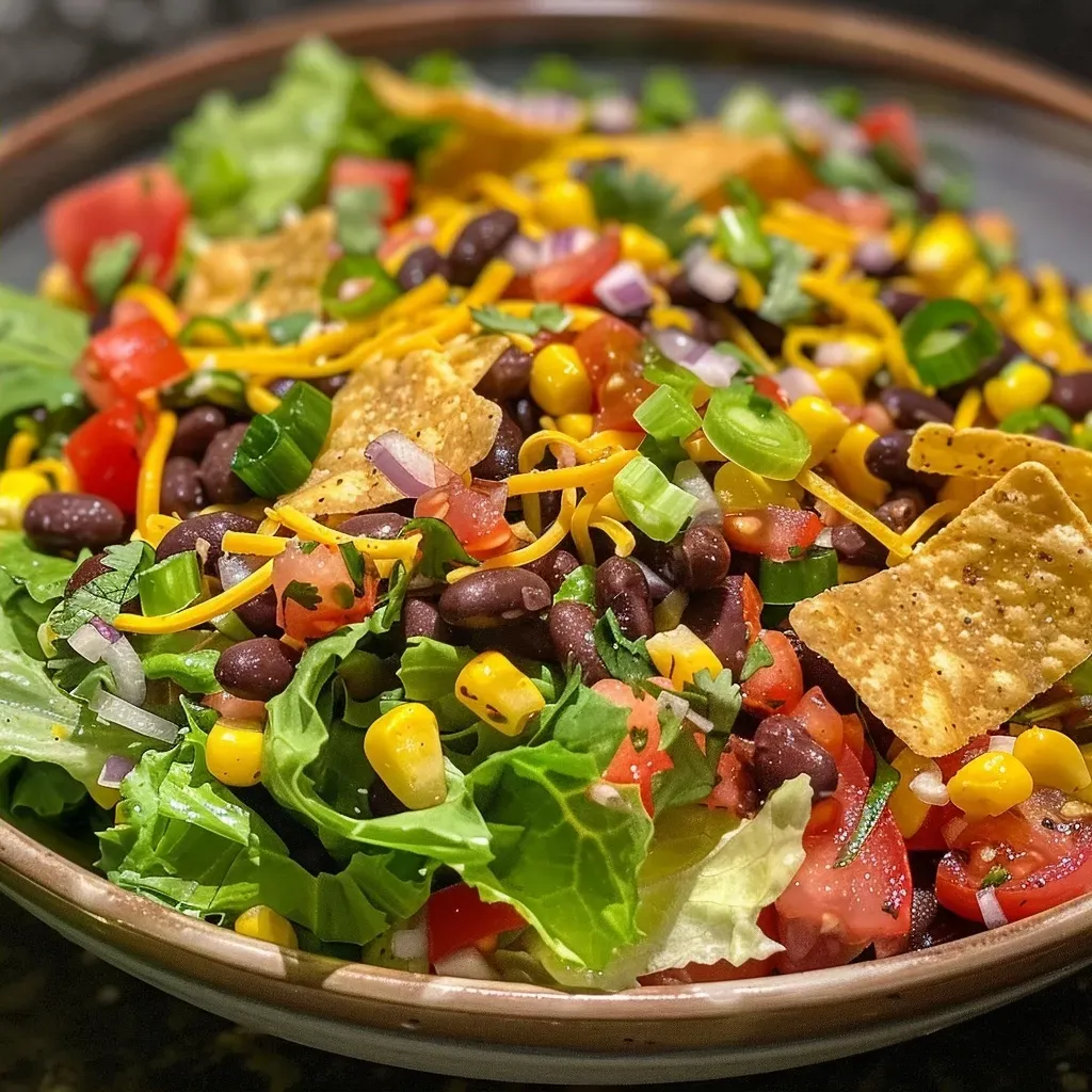 ['Close-up view of a colorful Black Bean Taco Salad with fresh ingredients.', 'Side view of a vibrant Black Bean Taco Salad featuring lettuce and toppings.', 'Detailed image of a Black Bean Taco Salad with layers of veggies and cheese.', 'Juicy Black Bean Taco Salad close-up showing black beans, corn, and peppers.']