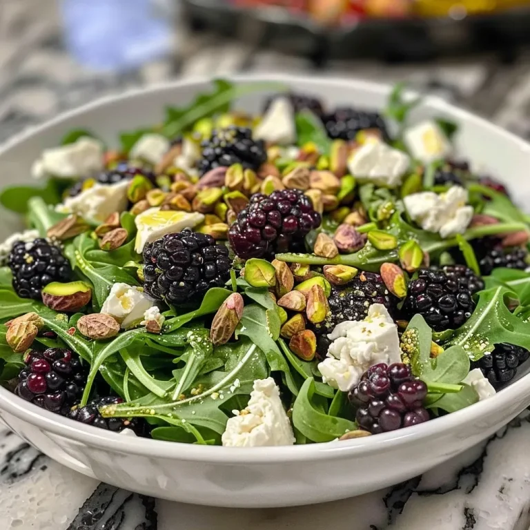 ['Close-up view of a Blackberry Goat Cheese Salad with arugula, blackberries, and goat cheese.', 'Side view of vibrant Blackberry Goat Cheese Salad featuring ripe blackberries and pistachios.', 'Detailed shot of a colorful salad made with arugula, goat cheese, and honey mustard dressing.', 'Juicy Blackberry Goat Cheese Salad with fresh ingredients, arranged beautifully on a plate.']